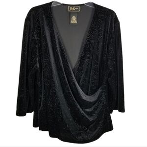 R&K Evening Black Velvet Top Crossover VNeck Rouched Mobwife 3/4 Sleeve Size 24W